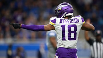 DETROIT, MICHIGAN - DECEMBER 05: Justin Jefferson #18 of the Minnesota Vikings reacts after a catch during the first half against the Detroit Lions at Ford Field on December 05, 2021 in Detroit, Michigan. (Photo by Rey Del Rio/Getty Images)