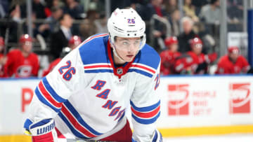NEW YORK, NY - FEBRUARY 08: Jimmy Vesey #26 of the New York Rangers skates against the Carolina Hurricanes at Madison Square Garden on February 8, 2019 in New York City. (Photo by Jared Silber/NHLI via Getty Images)