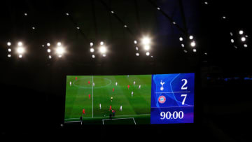 LONDON, ENGLAND - OCTOBER 01: A view of the LED screen displaying the final score after the UEFA Champions League group B match between Tottenham Hotspur and Bayern Muenchen at Tottenham Hotspur Stadium on October 01, 2019 in London, United Kingdom. (Photo by Catherine Ivill/Getty Images)
