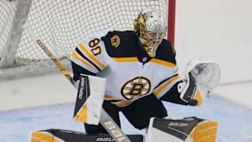 Aug 23, 2020; Toronto, Ontario, CAN; Boston Bruins goaltender Dan Vladar (80) warms up before game one of the second round of the 2020 Stanley Cup Playoffs against the Tampa Bay Lightning at Scotiabank Arena. Mandatory Credit: John E. Sokolowski-USA TODAY Sports