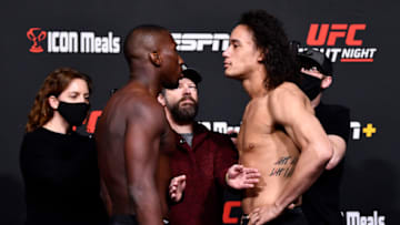 LAS VEGAS, NEVADA - FEBRUARY 04: (L-R) Opponents Tresean Gore and Bryan Battle face off during the UFC Fight Night weigh-in at UFC APEX on February 04, 2022 in Las Vegas, Nevada. (Photo by Chris Unger/Zuffa LLC)