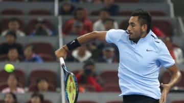 BEIJING, CHINA - OCTOBER 07: Nick Kyrgios of Australia returns a shot against Alexander Zverev of Germany during the Men's Semifinals match on day eight of the 2017 China Open at the China National Tennis Centre October 7, 2017 in Beijing, China. (Photo by Emmanuel Wong/Getty Images)