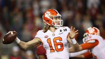 SANTA CLARA, CA - JANUARY 07: Trevor Lawrence #16 of the Clemson Tigers attempts a pass during the first quarter against the Alabama Crimson Tide in the CFP National Championship presented by AT&T at Levi's Stadium on January 7, 2019 in Santa Clara, California. (Photo by Ezra Shaw/Getty Images)