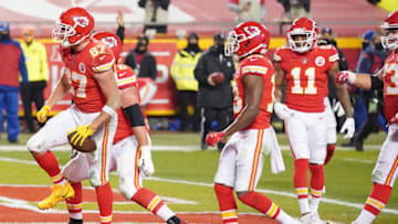 Jan 24, 2021; Kansas City, MO, USA; Kansas City Chiefs tight end Travis Kelce (87) celebrates after scoring a touchdown against the Buffalo Bills during the third quarter in the AFC Championship Game at Arrowhead Stadium. Mandatory Credit: Denny Medley-USA TODAY Sports