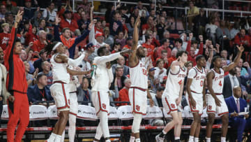 Nov 7, 2023; Queens, New York, USA; St. John's Red Storm players celebrate in the second half against the Stony Brook Seawolves at Carnesecca Arena. Mandatory Credit: Wendell Cruz-USA TODAY Sports