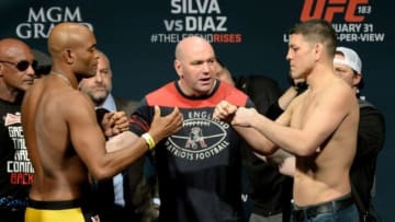 Jan 30, 2015; Las Vegas, NV, USA; Nick Diaz at the weigh in for his middleweight bout against Anderson Silva (not pictured) at the MGM Grand Garden Arena. Mandatory Credit: Jayne Kamin-Oncea-USA TODAY Sports