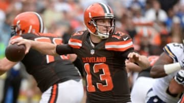 Oct 4, 2015; San Diego, CA, USA; Cleveland Browns quarterback Josh McCown (13) throws a pass during the third quarter against the San Diego Chargers at Qualcomm Stadium. Mandatory Credit: Robert Hanashiro-USA TODAY Sports