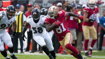 Oct 18, 2015; Santa Clara, CA, USA; San Francisco 49ers wide receiver Anquan Boldin (81) runs after the catch against the Baltimore Ravens during the first quarter at Levi