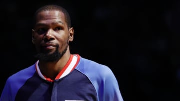 NEW YORK, NEW YORK - APRIL 10: Kevin Durant #7 of the Brooklyn Nets looks on during the first half against the Indiana Pacers at Barclays Center on April 10, 2022 in the Brooklyn borough of New York City. NOTE TO USER: User expressly acknowledges and agrees that, by downloading and or using this photograph, User is consenting to the terms and conditions of the Getty Images License Agreement. (Photo by Sarah Stier/Getty Images)