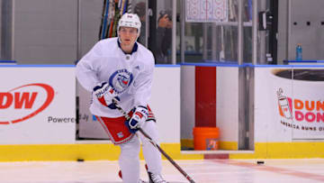 NEW YORK, NY - JUNE 29: New York Rangers Center Lias Andersson (50) skates during the New York Rangers Prospect Development Camp on June 29, 2018 at the MSG Training Center in New York, NY. (Photo by Rich Graessle/Icon Sportswire via Getty Images)
