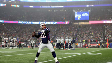 FOXBOROUGH, MASSACHUSETTS - JANUARY 04: Tom Brady #12 of the New England Patriots warms up during the AFC Wild Card Playoff game against the Tennessee Titans at Gillette Stadium on January 04, 2020 in Foxborough, Massachusetts. (Photo by Maddie Meyer/Getty Images)