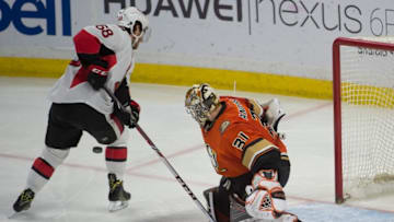 Mar 26, 2016; Ottawa, Ontario, CAN; Anaheim Ducks goalie Frederik Andersen (31) makes a save on a penalty shot from Ottawa Senators left wing Mike Hoffman (68) in the third period at the Canadian Tire Centre. The Ducks defeated the Senators 4-3 in overtime. Mandatory Credit: Marc DesRosiers-USA TODAY Sports