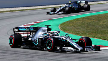 BARCELONA, SPAIN - MAY 12: Lewis Hamilton of Great Britain driving the (44) Mercedes AMG Petronas F1 Team Mercedes W10 leads Valtteri Bottas driving the (77) Mercedes AMG Petronas F1 Team Mercedes W10 (Photo by Mark Thompson/Getty Images)