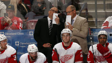 SUNRISE, FL - OCTOBER 20: Detroit Red Wings Head Coach Jeff Blashill chats with Assistant Coach Dan Bylsma during a break in the action against the Florida Panthers at the BB&T Center on October 20, 2018 in Sunrise, Florida. (Photo by Eliot J. Schechter/NHLI via Getty Images)