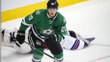 Dec 15, 2016; Dallas, TX, USA; Dallas Stars center Cody Eakin (20) skates away after hitting New York Rangers goalie Henrik Lundqvist (30) during the first period at the American Airlines Center. Mandatory Credit: Jerome Miron-USA TODAY Sports