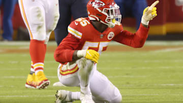KANSAS CITY, MISSOURI - OCTOBER 05: Frank Clark #55 of the Kansas City Chiefs celebrates after sacking Brian Hoyer #2 of the New England Patriots at the end of the second quarter at Arrowhead Stadium on October 05, 2020 in Kansas City, Missouri. (Photo by Jamie Squire/Getty Images)
