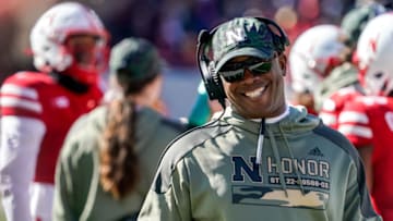 Nebraska Cornhuskers interim head coach Mickey Joseph smiles during a timeout (Dylan Widger-USA TODAY Sports)