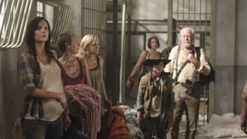 Lori Grimes (Sarah Wayne Callies), Carol (Melissa Suzanne McBride), Beth Greene (Emily Kinney), Maggie Greene (Lauren Cohan), Carl Grimes (Chandler Riggs) and Hershel Greene (Scott Wilson) - The Walking Dead - Season 3, Episode 1 - Photo Credit: Gene Page/AMC