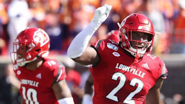U of L OLB Yasir Abdullah (22) celebrated a defensive stop against Clemson during their game at Cardinal Stadium on Oct. 19, 2019 in Louisville, Ky.Uofl Clemson13 Sam