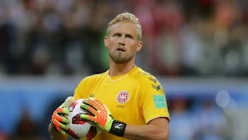 NIZHNY NOVGOROD, RUSSIA - JULY 01: Kasper Schmeichel of Denmark looks on during the 2018 FIFA World Cup Russia Round of 16 match between 1st Group D and 2nd Group C at Nizhny Novgorod Stadium on July 1, 2018 in Nizhny Novgorod, Russia. (Photo by Richard Heathcote/Getty Images)