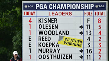 CHARLOTTE, NC - AUGUST 11: A weather warning sign is displayed on the leaderboard during the second round of the 2017 PGA Championship at Quail Hollow Club on August 11, 2017 in Charlotte, North Carolina. (Photo by Stuart Franklin/Getty Images)