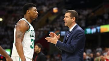 CLEVELAND, OH - MAY 25: Head coach Brad Stevens of the Boston Celtics speaks to Marcus Smart in the second quarter against the Cleveland Cavaliers during Game Six of the 2018 NBA Eastern Conference Finals at Quicken Loans Arena on May 25, 2018 in Cleveland, Ohio. NOTE TO USER: User expressly acknowledges and agrees that, by downloading and or using this photograph, User is consenting to the terms and conditions of the Getty Images License Agreement. (Photo by Gregory Shamus/Getty Images)