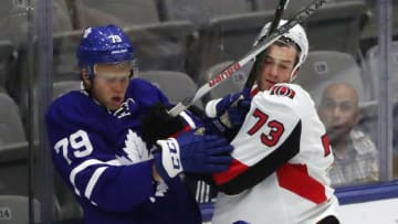 TORONTO, ON- SEPTEMBER 10 - Eemeli Rasanen is checked by Bobby Dow as the the Toronto Maple Leafs Rookie team plays the Ottawa Senators Rookies in the 2017 Rookie Tournament at Ricoh Coliseum in Toronto. September 10, 2017. (Steve Russell/Toronto Star via Getty Images)