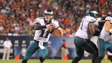 Sep 19, 2016; Chicago, IL, USA; Philadelphia Eagles quarterback Carson Wentz (11) looks to throw the ball during the second quarter against the Chicago Bears at Soldier Field. Mandatory Credit: Dennis Wierzbicki-USA TODAY Sports