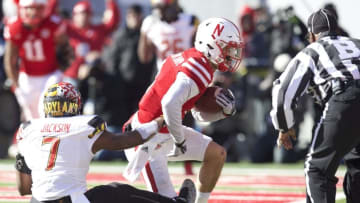 Nov 19, 2016; Lincoln, NE, USA; Nebraska Cornhuskers wide receiver Jordan Westerkamp (1) scores a touchdown in front of Maryland Terrapins cornerback JC Jackson (7) in the first half at Memorial Stadium. Mandatory Credit: Bruce Thorson-USA TODAY Sports