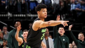 NEWARK, NEW JERSEY - NOVEMBER 14: Malik Hall #25 of the Michigan State Spartans celebrates his shot in the second quarter against the Seton Hall Pirates at Prudential Center on November 14, 2019 in Newark, New Jersey.The Michigan State Spartans defeated the Seton Hall Pirates 76-73. (Photo by Elsa/Getty Images)