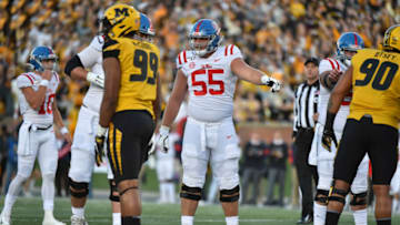 COLUMBIA, MO - OCTOBER 12: Offensive lineman Ben Brown #55 of the Mississippi Rebels in action against the Missouri Tigers at Memorial Stadium on October 12, 2019 in Columbia, Missouri. (Photo by Ed Zurga/Getty Images)