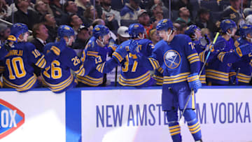 Mar 23, 2022; Buffalo, New York, USA; Buffalo Sabres right wing Tage Thompson (72) celebrates his goal with teammates during the first period against the Pittsburgh Penguins at KeyBank Center. Mandatory Credit: Timothy T. Ludwig-USA TODAY Sports