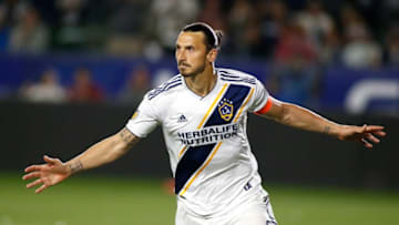 CARSON, CALIFORNIA - MARCH 31: Zlatan Ibrahimovic #9 of Los Angeles Galaxy celebrates his second goal against the Portland Timbers during the second half at Dignity Health Sports Park on March 31, 2019 in Carson, California. (Photo by Katharine Lotze/Getty Images)