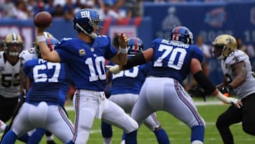 Sep 18, 2016; East Rutherford, NJ, USA; New York Giants quarterback Eli Manning (10) looks to pass against the New Orleans Saints at MetLife Stadium. Mandatory Credit: Robert Deutsch-USA TODAY Sports