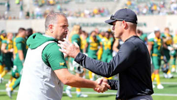 WACO, TEXAS - OCTOBER 12: Head coaches Matt Rhule of the Baylor Bears and Matt Wells of the Texas Tech Red Raiders shake hands before the game on October 12, 2019 in Waco, Texas. (Photo by Richard Rodriguez/Getty Images)