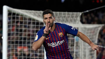 BARCELONA, SPAIN - JANUARY 13: Luis Suarez of FC Barcelona celebrates after scoring his sides third goal during the La Liga match between FC Barcelona and SD Eibar at Camp Nou on January 13, 2019 in Barcelona, Spain. (Photo by Quality Sport Images/Getty Images)