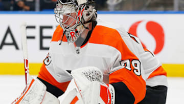 Oct 27, 2021; Edmonton, Alberta, CAN; Philadelphia Flyers goaltender Carter Hart (79) makes a save against the Edmonton Oilers at Rogers Place. Mandatory Credit: Perry Nelson-USA TODAY Sports