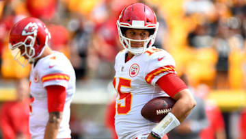 PITTSBURGH, PA - SEPTEMBER 16: Patrick Mahomes #15 of the Kansas City Chiefs looks on during warmups before the game against the Pittsburgh Steelers at Heinz Field on September 16, 2018 in Pittsburgh, Pennsylvania. (Photo by Joe Sargent/Getty Images)