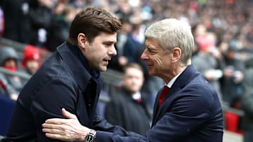 LONDON, ENGLAND - FEBRUARY 10: Mauricio Pochettino, Manager of Tottenham Hotspur and Arsene Wenger, Manager of Arsenal shake hands prior to the Premier League match between Tottenham Hotspur and Arsenal at Wembley Stadium on February 10, 2018 in London, England. (Photo by Catherine Ivill/Getty Images)