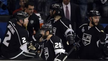 Jun 7, 2014; Los Angeles, CA, USA; Los Angeles Kings center Jarret Stoll (28) celebrates with teammates after scoring a goal against the New York Rangers in the second period during game two of the 2014 Stanley Cup Final at Staples Center. Mandatory Credit: Richard Mackson-USA TODAY Sports