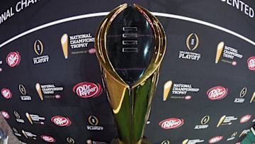 Jan 7, 2017; Tampa, FL, USA; View of the National Championship trophy during the Alabama Crimson Tide media day at Amalie Arena. Mandatory Credit: John David Mercer-USA TODAY Sports