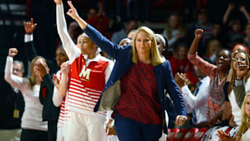 COLLEGE PARK, MD - JANUARY 29: Head coach Brenda Frese of the Maryland Terrapins watches the game against the Iowa Hawkeyes at Xfinity Center on January 29, 2017 in College Park, Maryland. (Photo by G Fiume/Maryland Terrapins/Getty Images)