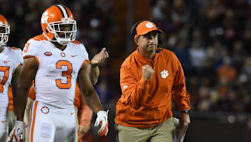 BLACKSBURG, VA - SEPTEMBER 30: Head coach Dabo Swinney of the Clemson Tigers celebrates on the sideline after a touchdown against the Virginia Tech Hokies at Lane Stadium on September 30, 2017 in Blacksburg, Virginia. (Photo by Michael Shroyer/Getty Images)