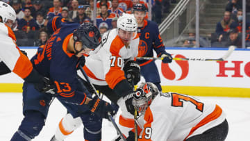 Oct 27, 2021; Edmonton, Alberta, CAN; Philadelphia Flyers goaltender Carter Hart (79) makes a save on Edmonton Oilers forward Jesse Puljujarvi (13) during the third period at Rogers Place. Mandatory Credit: Perry Nelson-USA TODAY Sports