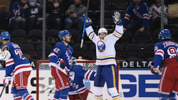 Mar 2, 2021; New York, New York, USA; Buffalo Sabres center Dylan Cozens (24) celebrates after a goal by center Tobias Rieder (not pictured) against the New York Rangers during the second period at Madison Square Garden. Mandatory Credit: Bruce Bennett-POOL PHOTOS-USA TODAY Sports