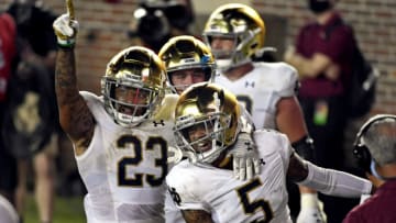 Sep 5, 2021; Tallahassee, Florida, USA; Notre Dame Fighting Irish wide receiver Joe Wilkins Jr. (5) celebrates with running back Kyren Williams (23) after a touchdown in the second quarter against the Florida State Seminoles at Doak S. Campbell Stadium. Mandatory Credit: Melina Myers-USA TODAY Sports