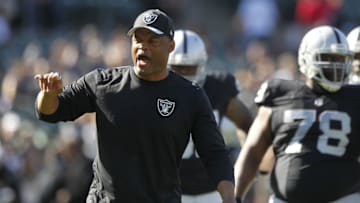 Nov 1, 2015; Oakland, CA, USA; Oakland Raiders defensive coordinator Ken Norton Jr. encourages the defense before the start of the game against the New York Jets at O.co Coliseum. Mandatory Credit: Cary Edmondson-USA TODAY Sports