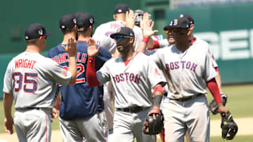 WASHINGTON, DC - JULY 04: Eduardo Nunez #36 of the Boston Red Sox celebrates a win with teammates after a baseball game against the Washington Nationals at Nationals Park on July 4, 2018 in Washington, DC. (Photo by Mitchell Layton/Getty Images)