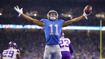 DETROIT, MI - NOVEMBER 23: Marvin Jones #11 of the Detroit Lions celebrates his fourth quarter touchdown against the Minnesota Vikings at Ford Field on November 23, 2017 in Detroit, Michigan. (Photo by Gregory Shamus/Getty Images)