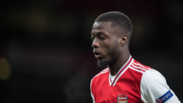 LONDON, ENGLAND - FEBRUARY 27: Nicolas Pepe of Arsenal FC looks on during the UEFA Europa League round of 32 second leg match between Arsenal FC and Olympiacos FC at Emirates Stadium on February 27, 2020 in London, United Kingdom. (Photo by Sebastian Frej/MB Media/Getty Images)